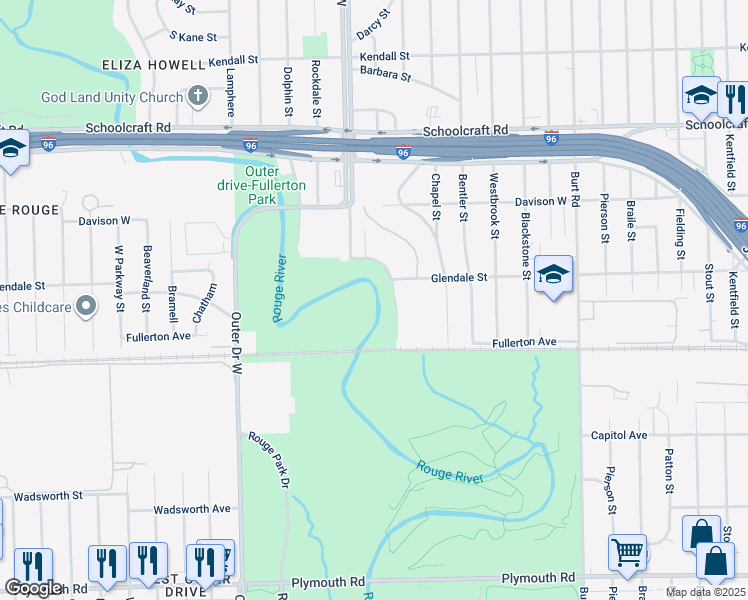 map of restaurants, bars, coffee shops, grocery stores, and more near 12728 Dolson Street in Detroit