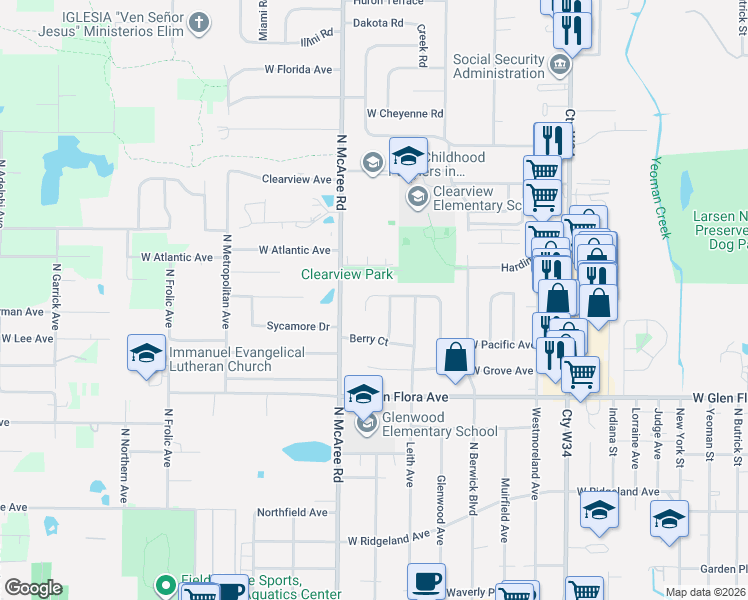 map of restaurants, bars, coffee shops, grocery stores, and more near 2512 West Atlantic Avenue in Waukegan