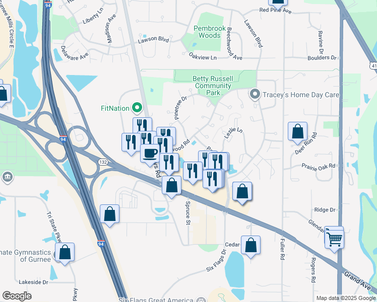 map of restaurants, bars, coffee shops, grocery stores, and more near 1500 Pinetree Drive in Gurnee