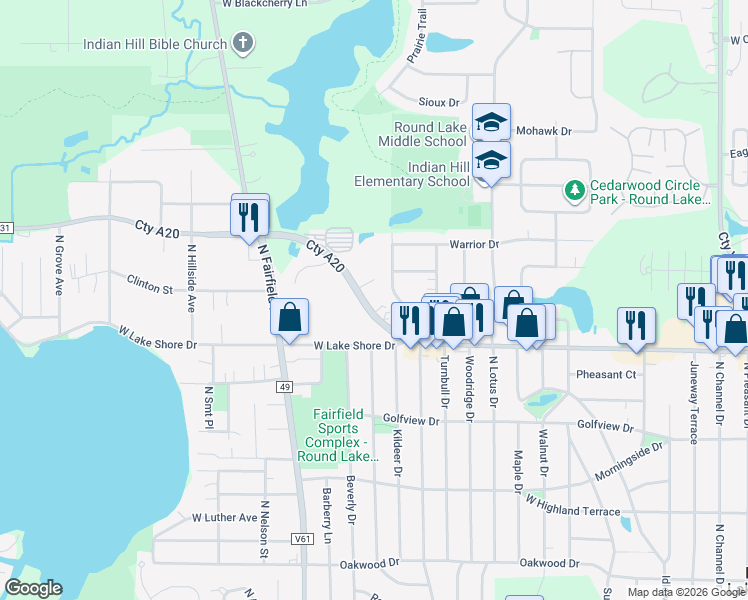map of restaurants, bars, coffee shops, grocery stores, and more near 930 West Rollins Road in Round Lake Heights
