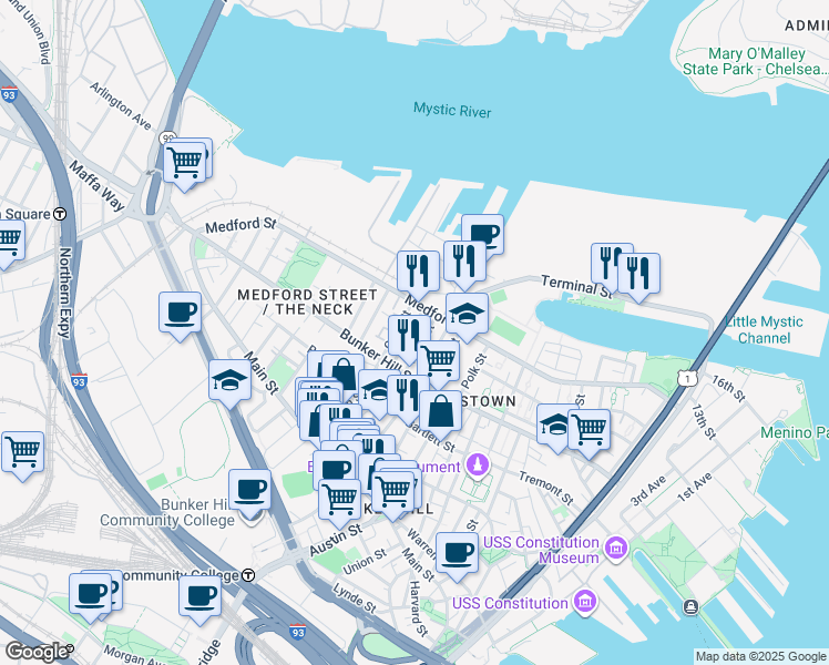map of restaurants, bars, coffee shops, grocery stores, and more near 102 Pearl Street in Boston