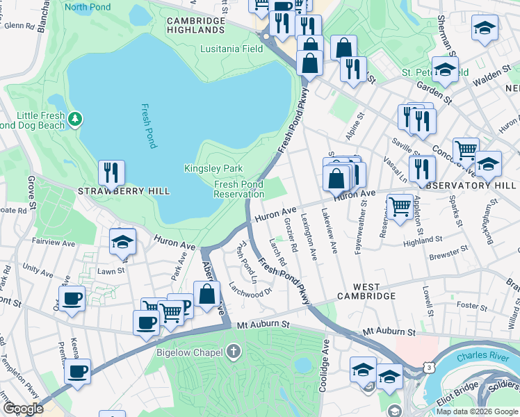 map of restaurants, bars, coffee shops, grocery stores, and more near 183 Larch Road in Cambridge