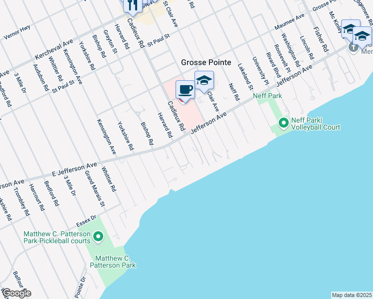 map of restaurants, bars, coffee shops, grocery stores, and more near 10 Jefferson Court in Grosse Pointe Park