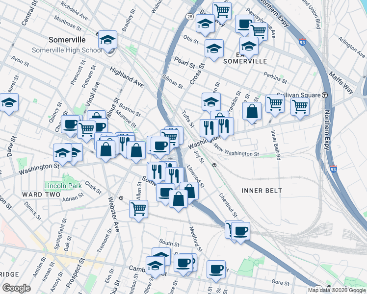 map of restaurants, bars, coffee shops, grocery stores, and more near 57 Alston Street in Somerville