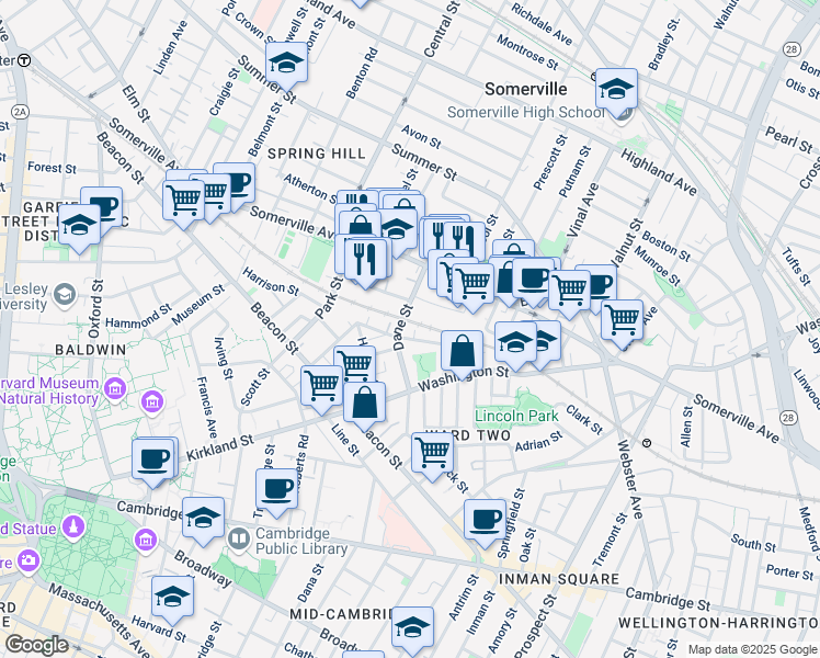 map of restaurants, bars, coffee shops, grocery stores, and more near 35 Dane Street in Somerville