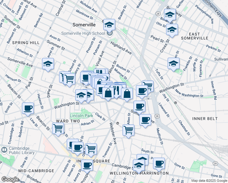 map of restaurants, bars, coffee shops, grocery stores, and more near 26 Stone Avenue in Somerville
