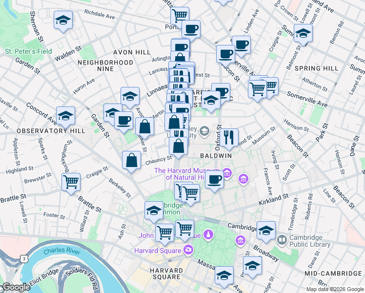 map of restaurants, bars, coffee shops, grocery stores, and more near 1627 Massachusetts Avenue in Cambridge