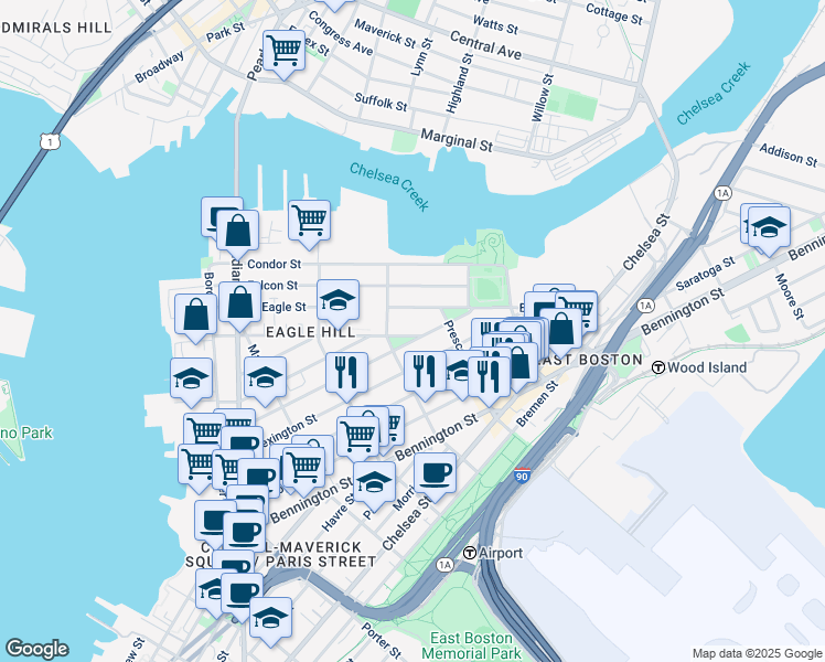 map of restaurants, bars, coffee shops, grocery stores, and more near 112 White Street in Boston
