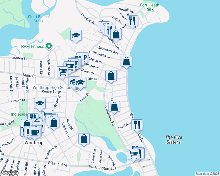 map of restaurants, bars, coffee shops, grocery stores, and more near 55 Veterans Road in Winthrop