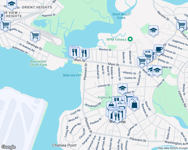 map of restaurants, bars, coffee shops, grocery stores, and more near 23 Girdlestone Road in Winthrop