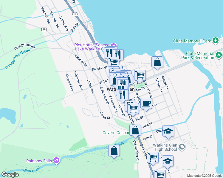 map of restaurants, bars, coffee shops, grocery stores, and more near 215 South Madison Avenue in Watkins Glen