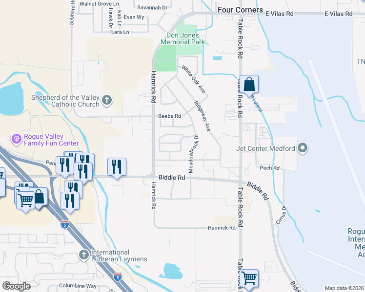 map of restaurants, bars, coffee shops, grocery stores, and more near 306 Live Oak Loop in Central Point