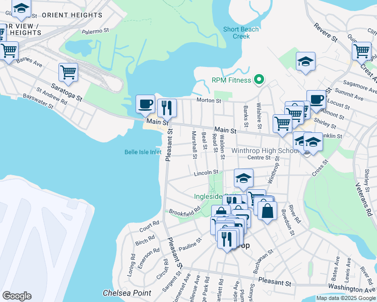 map of restaurants, bars, coffee shops, grocery stores, and more near 23 Girdlestone Road in Winthrop