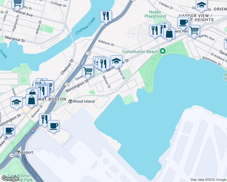map of restaurants, bars, coffee shops, grocery stores, and more near 114 Moore Street in Boston