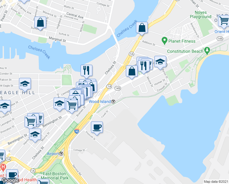 map of restaurants, bars, coffee shops, grocery stores, and more near 442-450 Bennington Street in Boston
