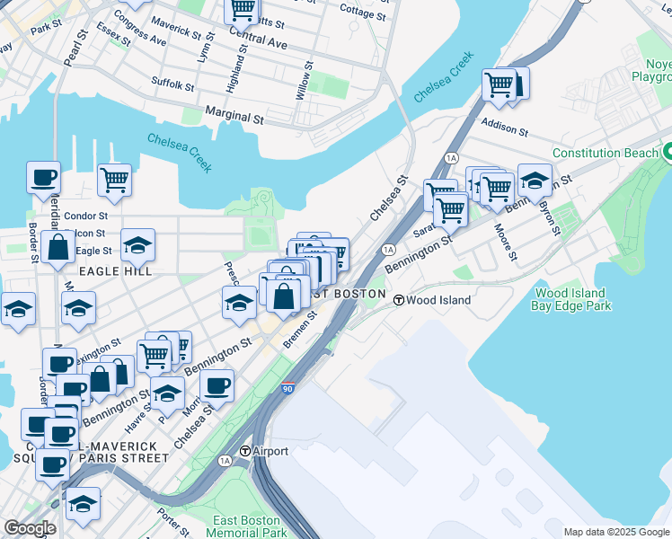 map of restaurants, bars, coffee shops, grocery stores, and more near in Boston