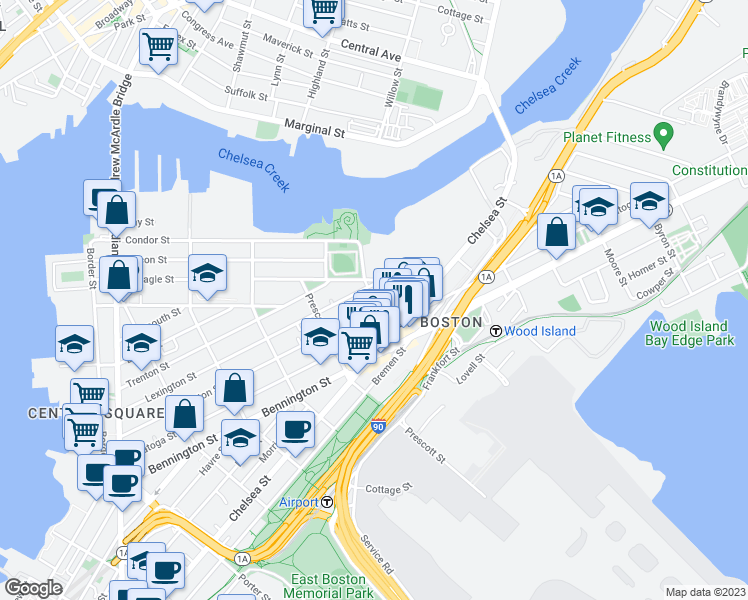 map of restaurants, bars, coffee shops, grocery stores, and more near 8 Shelby Street in Boston