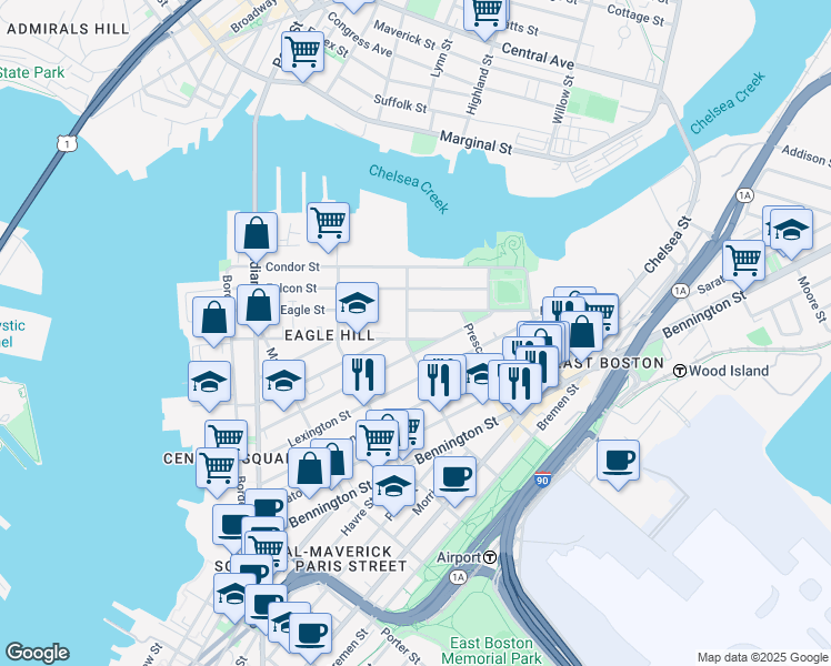 map of restaurants, bars, coffee shops, grocery stores, and more near 217 East Eagle Street in Boston