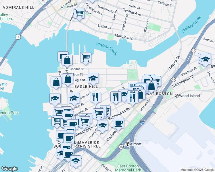 map of restaurants, bars, coffee shops, grocery stores, and more near 221 East Eagle Street in Boston