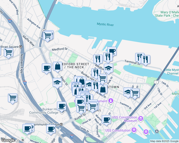 map of restaurants, bars, coffee shops, grocery stores, and more near 16 Hill Street in Boston