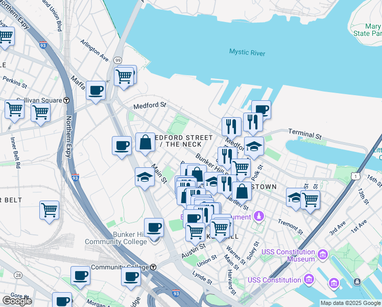 map of restaurants, bars, coffee shops, grocery stores, and more near 324 Bunker Hill Street in Boston