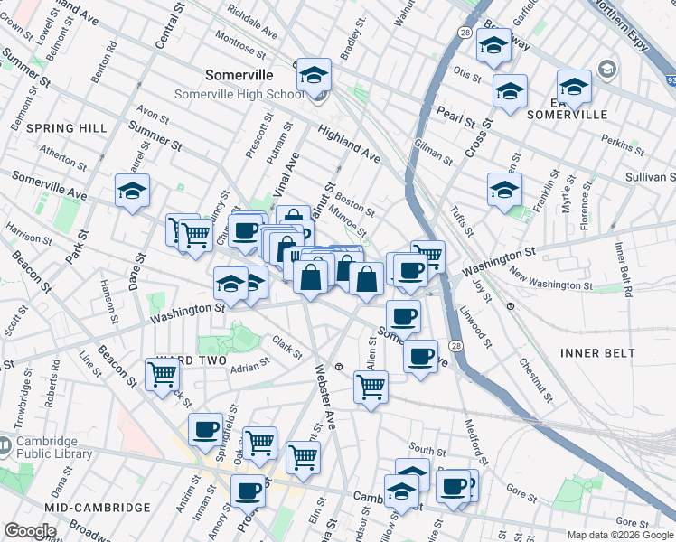 map of restaurants, bars, coffee shops, grocery stores, and more near 13 Warren Avenue in Somerville
