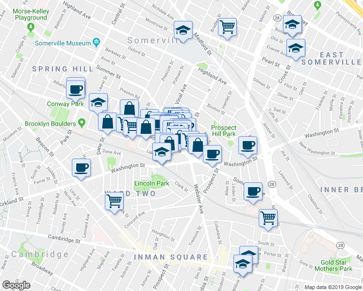 map of restaurants, bars, coffee shops, grocery stores, and more near 26 Bow Street in Somerville