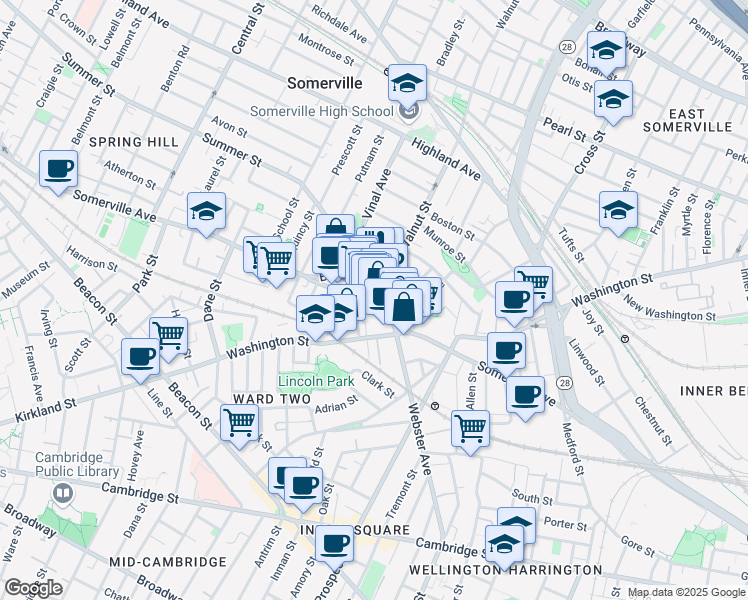 map of restaurants, bars, coffee shops, grocery stores, and more near 26 Bow Street in Somerville