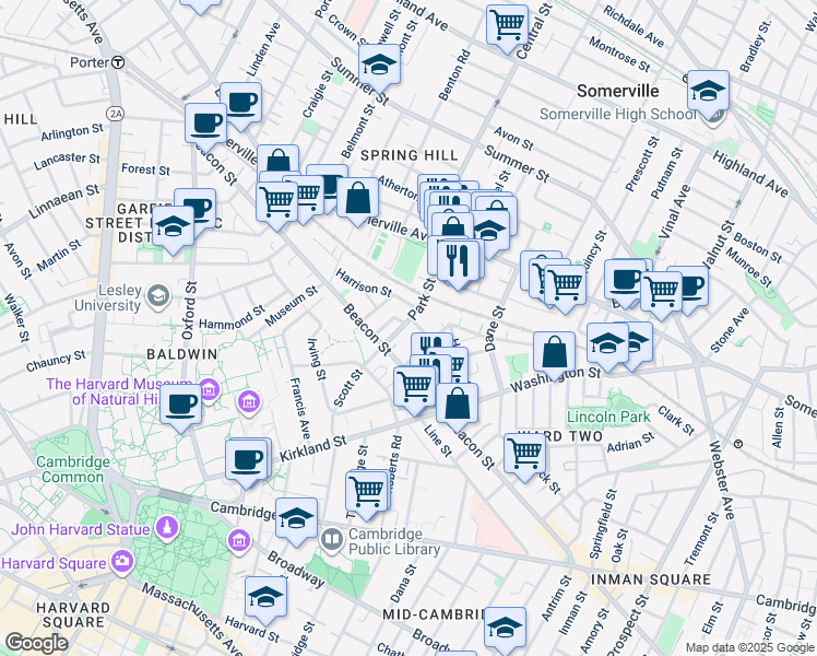 map of restaurants, bars, coffee shops, grocery stores, and more near 54 Park Street in Somerville