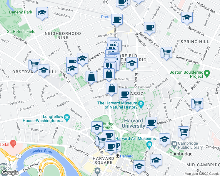 map of restaurants, bars, coffee shops, grocery stores, and more near 1637 Massachusetts Avenue in Cambridge