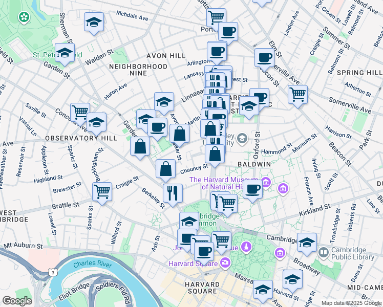 map of restaurants, bars, coffee shops, grocery stores, and more near 34 Shepard Street in Cambridge