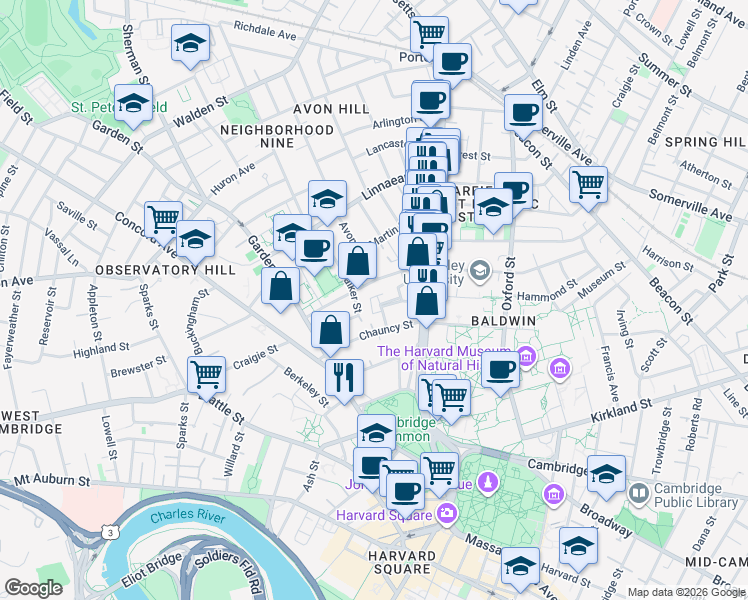 map of restaurants, bars, coffee shops, grocery stores, and more near 34 Shepard Street in Cambridge