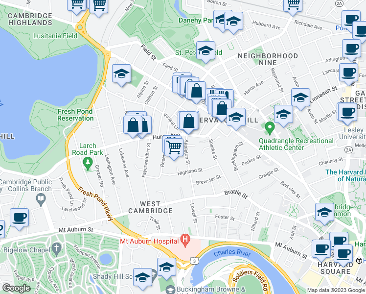 map of restaurants, bars, coffee shops, grocery stores, and more near 127 Appleton Street in Cambridge