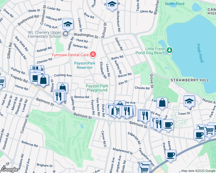 map of restaurants, bars, coffee shops, grocery stores, and more near 136 Lewis Road in Belmont