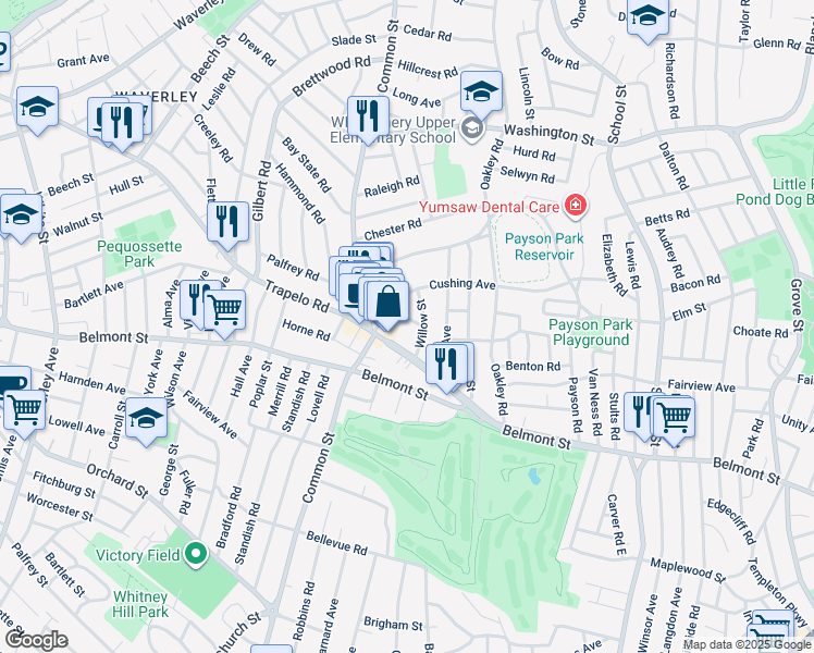 map of restaurants, bars, coffee shops, grocery stores, and more near 7 Linden Avenue in Belmont