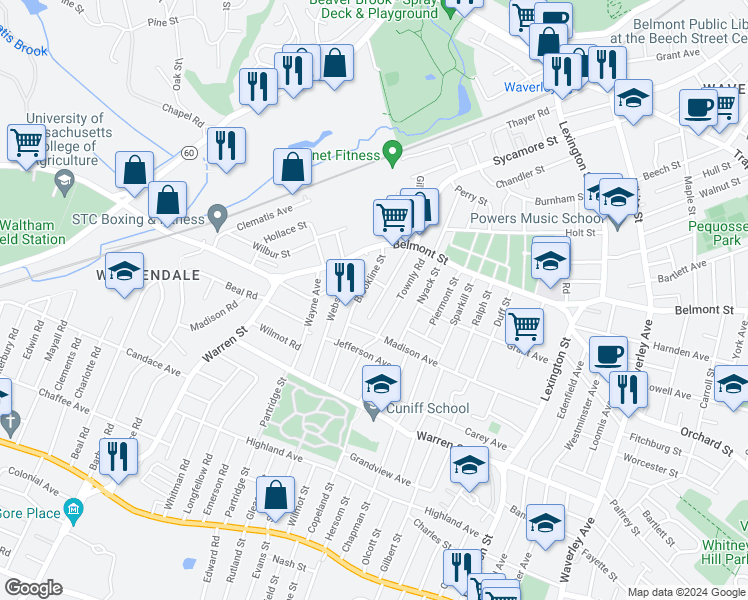 map of restaurants, bars, coffee shops, grocery stores, and more near 42 Brookline Street in Watertown
