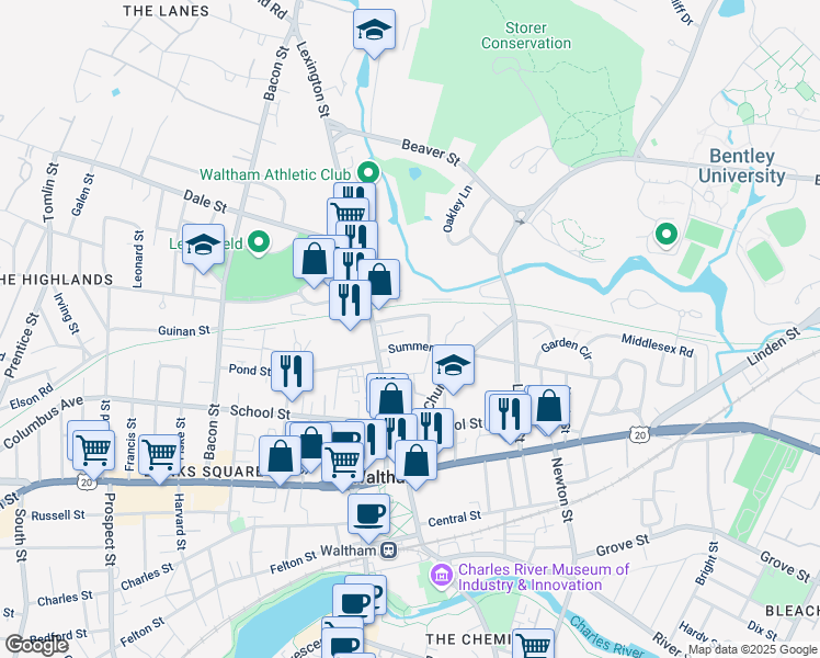 map of restaurants, bars, coffee shops, grocery stores, and more near 24 Lexington Terrace in Waltham