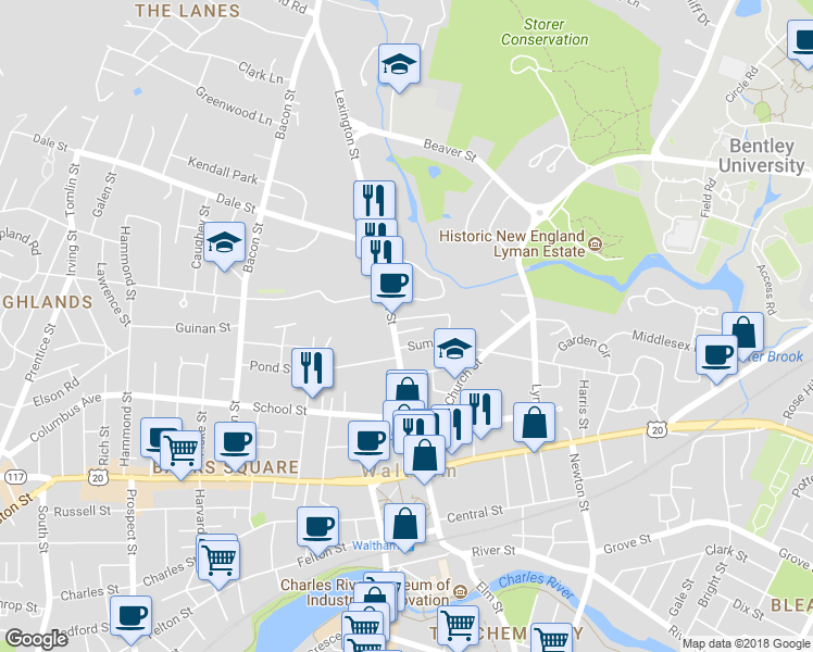 map of restaurants, bars, coffee shops, grocery stores, and more near 24 Lexington Terrace in Waltham