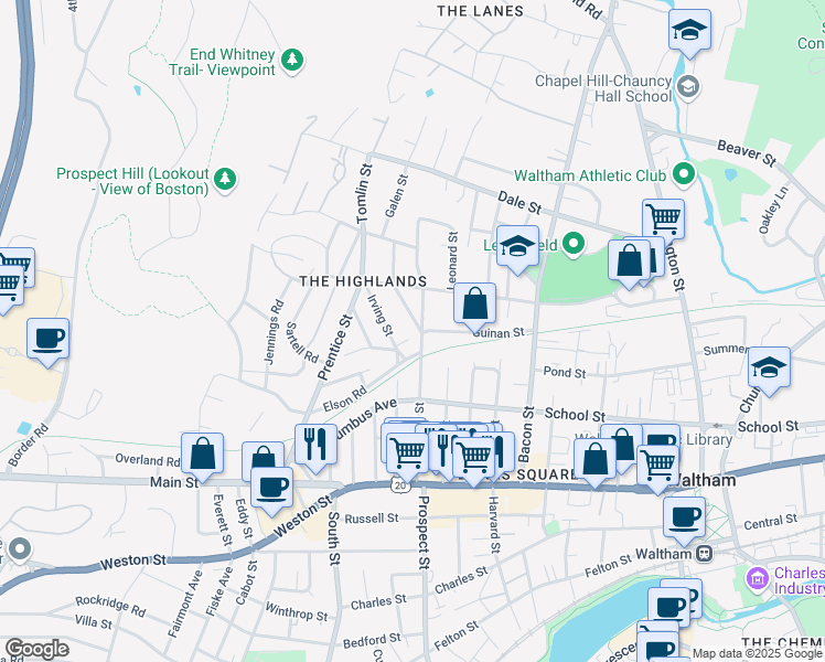 map of restaurants, bars, coffee shops, grocery stores, and more near 16 Lawrence Street in Waltham
