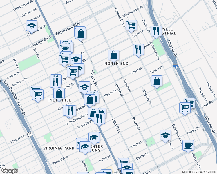 map of restaurants, bars, coffee shops, grocery stores, and more near 279 Alger Street in Detroit