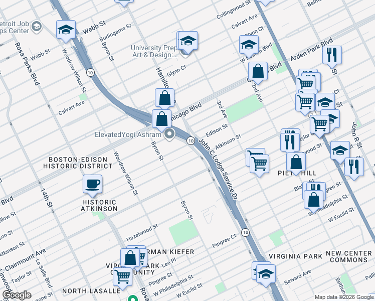 map of restaurants, bars, coffee shops, grocery stores, and more near 1147 Edison Street in Detroit
