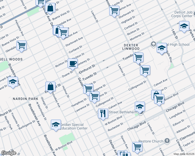 map of restaurants, bars, coffee shops, grocery stores, and more near 3210 Webb Street in Detroit
