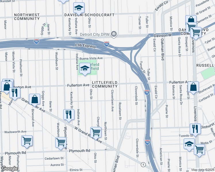map of restaurants, bars, coffee shops, grocery stores, and more near 12602 Northlawn Street in Detroit