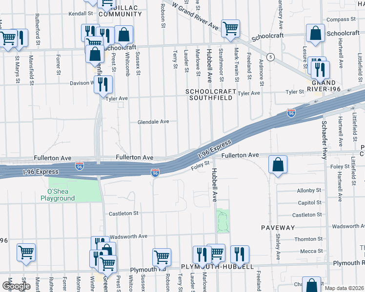 map of restaurants, bars, coffee shops, grocery stores, and more near 12667 Terry Street in Detroit