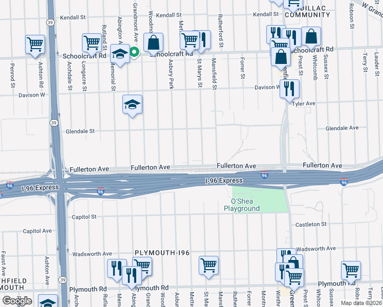 map of restaurants, bars, coffee shops, grocery stores, and more near 12673 Mettetal Street in Detroit