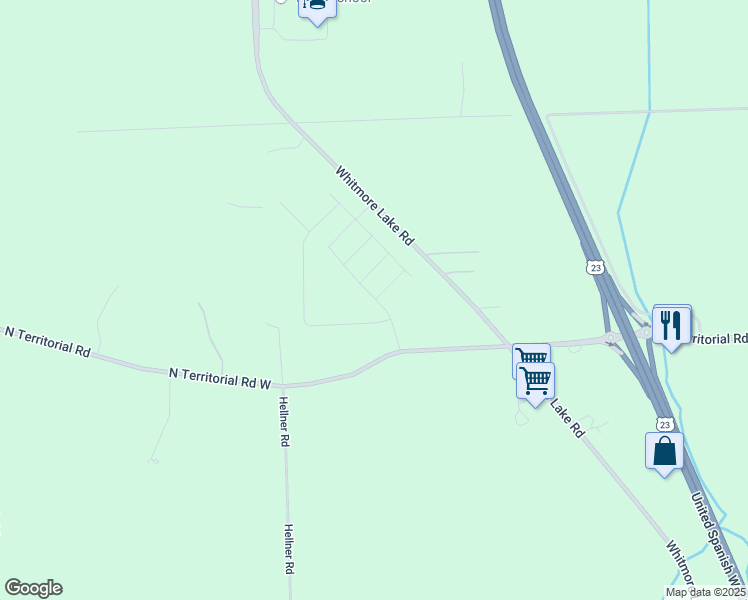 map of restaurants, bars, coffee shops, grocery stores, and more near 7285 Whitmore Lake Road in Whitmore Lake