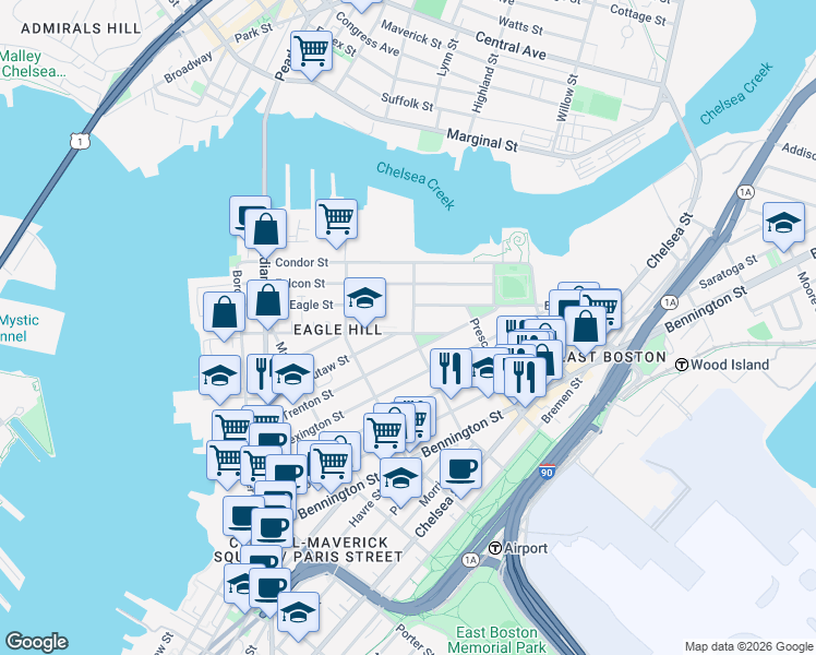 map of restaurants, bars, coffee shops, grocery stores, and more near 88R White Street in Boston