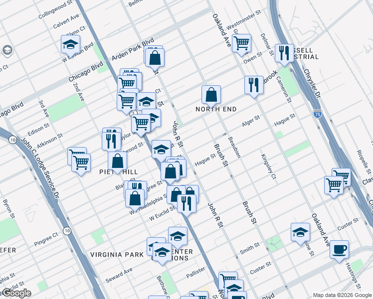 map of restaurants, bars, coffee shops, grocery stores, and more near 206 King Street in Detroit