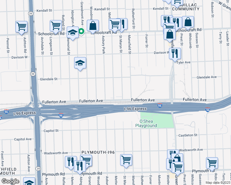 map of restaurants, bars, coffee shops, grocery stores, and more near 12673 Mettetal Street in Detroit