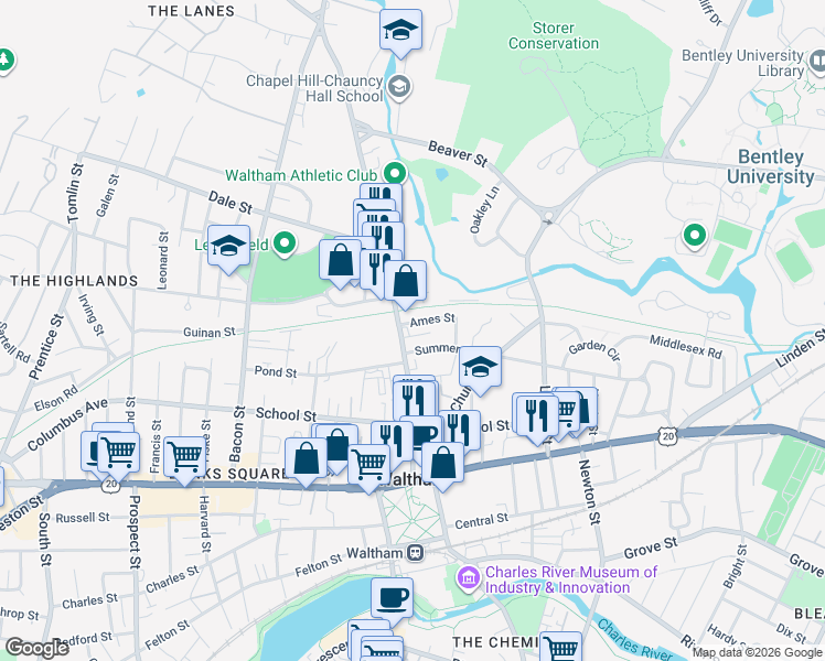 map of restaurants, bars, coffee shops, grocery stores, and more near 24 Lexington Terrace in Waltham